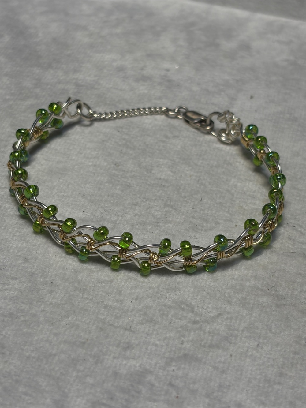 Handwoven Green Bead Silver with gold Accent Bracelet
